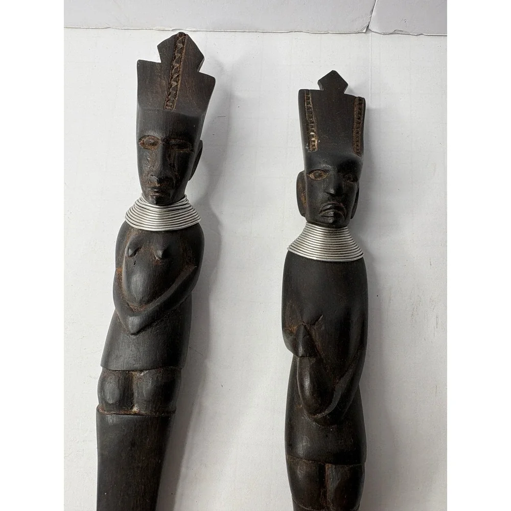 Vintage African Hand Carved Wood Tribal Salad Server Set Fork Spoon Figural 15